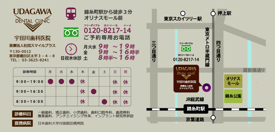 東京墨田区錦糸町宇田川歯科医院診療案内・アクセス図